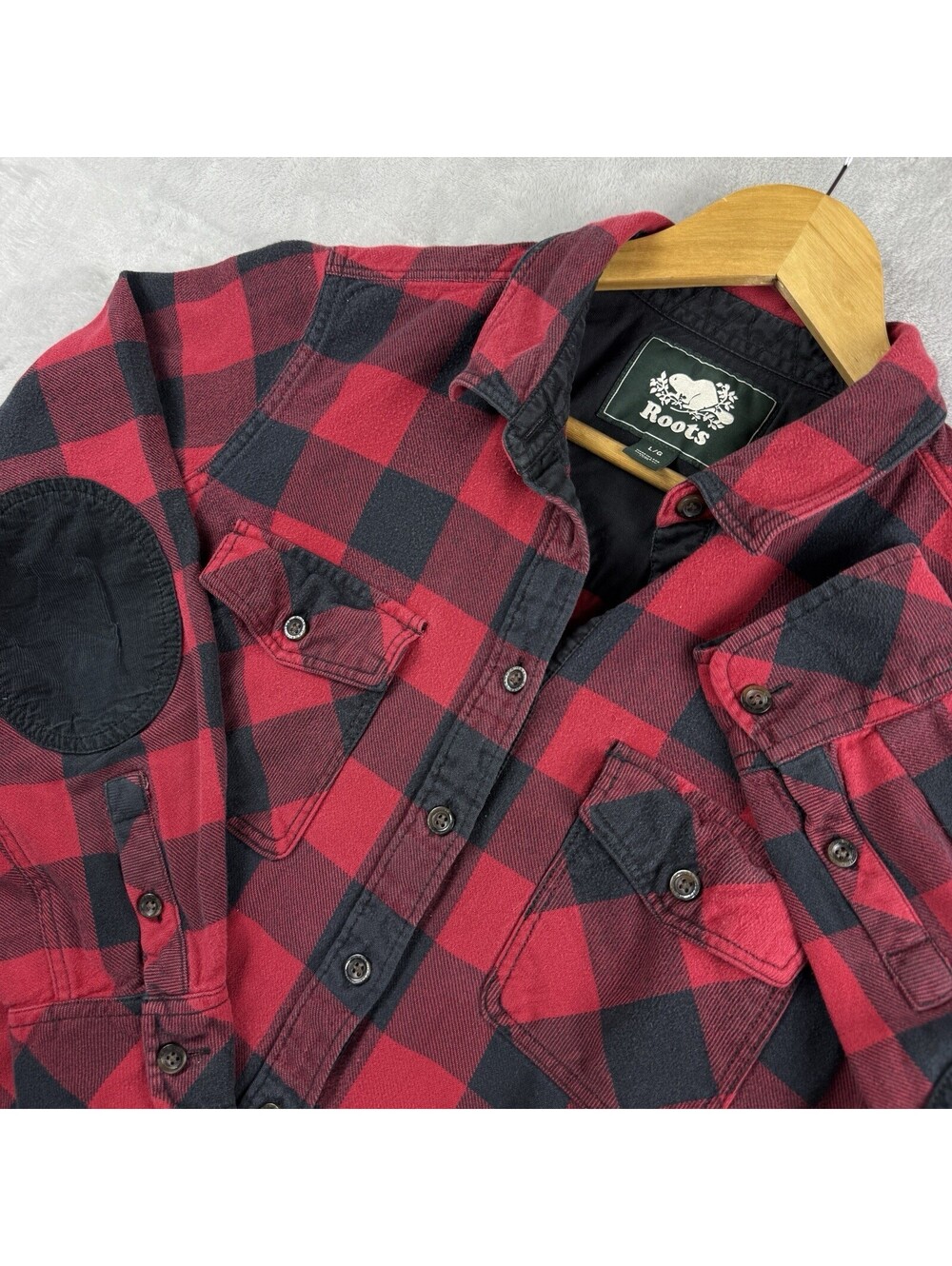 Roots Buffalo Plaid Flannel Shirt Men Large Red Black Elbow Patch Retro Heritage